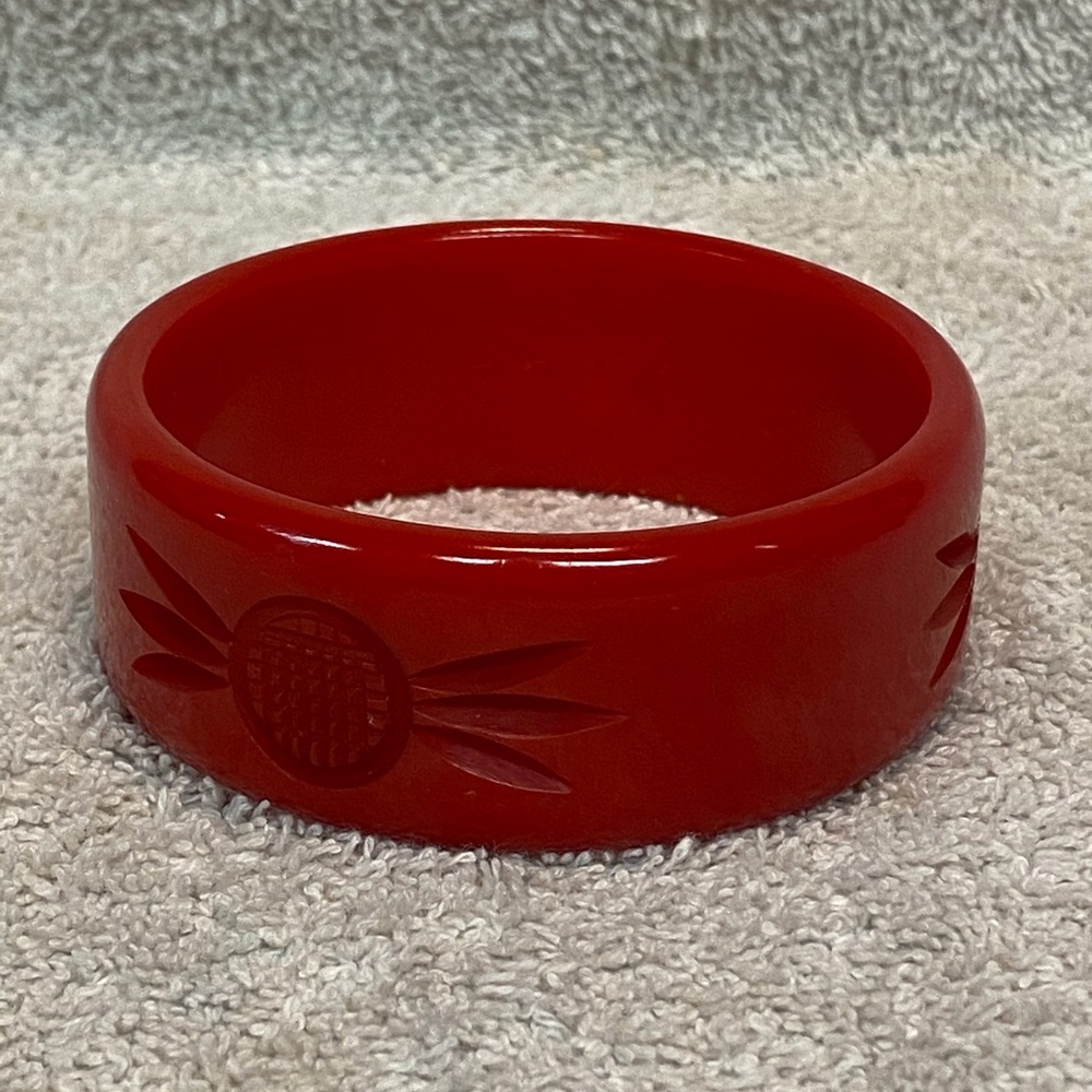 Vintage Red Carved Bakelite Bangle Bracelet
